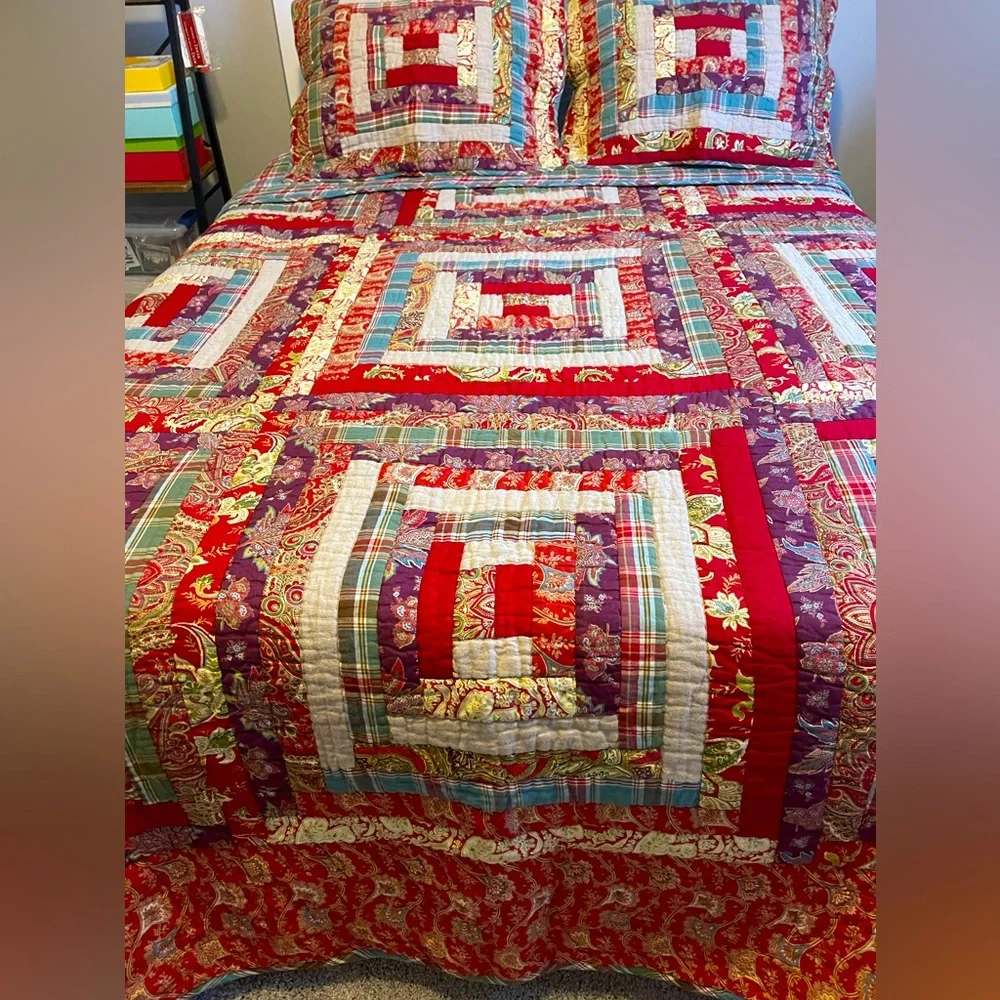 RARE Pottery Barn Vintage Log Cabin Christmas Patchwork Quilt Set- F/Q Multi